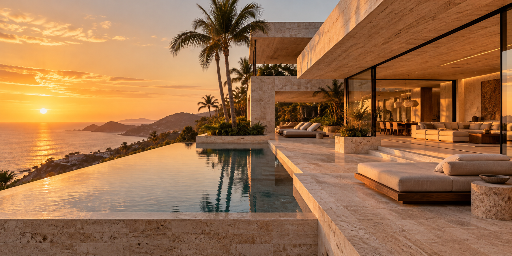 Villa contemporánea de piedra con alberca y palmeras al atardecer