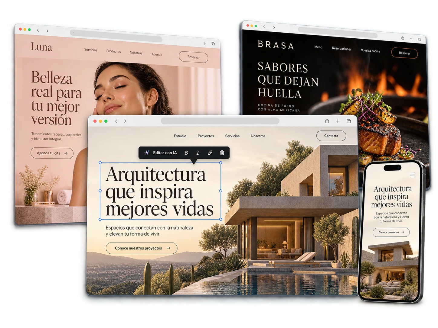 Ejemplos de sitios de arquitectura, belleza y gastronomía con edición visual y vista móvil